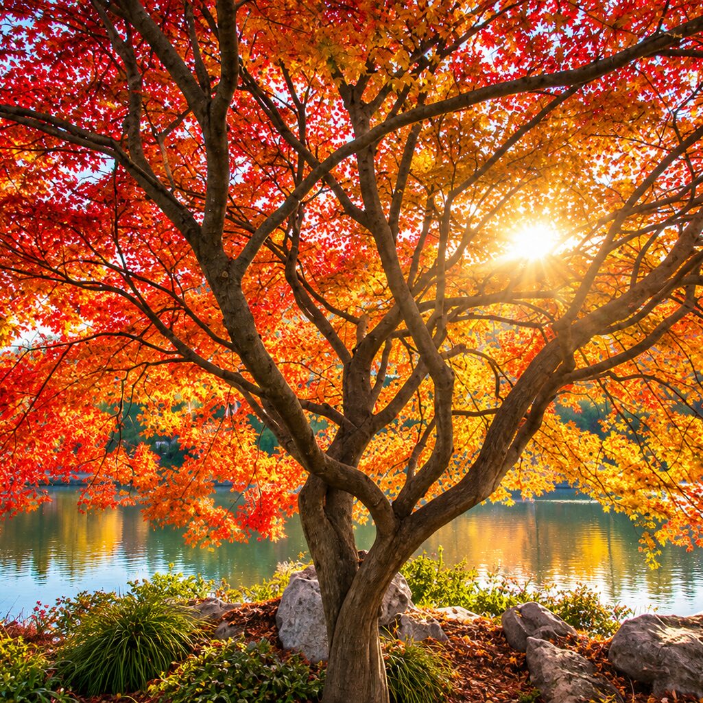 A large tree with vivid red, orange, and yellow autumn leaves above sunlit water